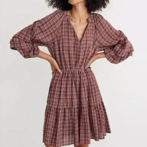 Madewell Seersucker Wrap Mini Dress Dark Red Tartan Merlot NH100